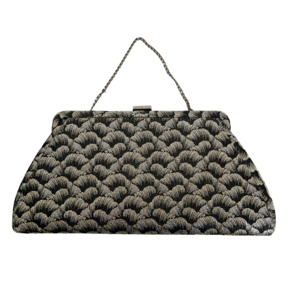 Vintage 50s metallic clutch wrist bag in black gold and silver feathers pattern